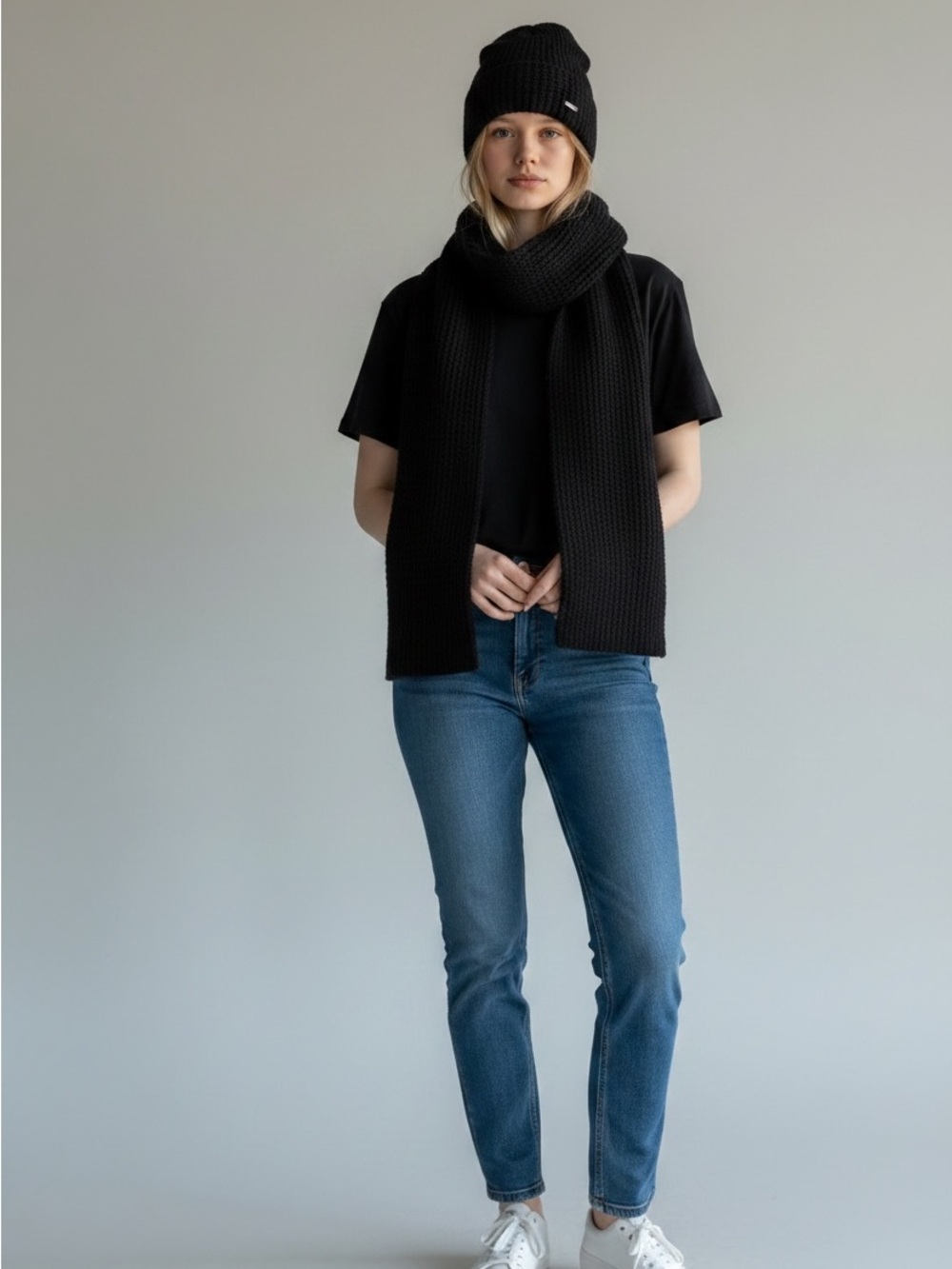Calvin Klein Black Waffle Knit Scarf with Logo Plaque